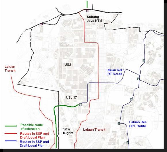 The potential route for the LRT extension (in Green) surmised by residents of Putra Heights